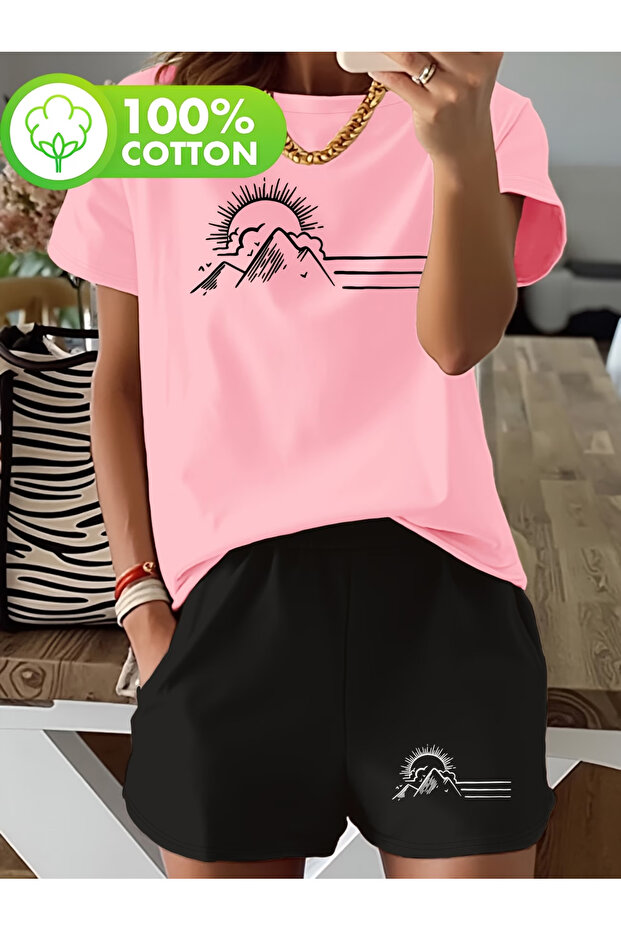 Shorts t-shirt - shorts bottom top tracksuit set Printed Oversized crew neck