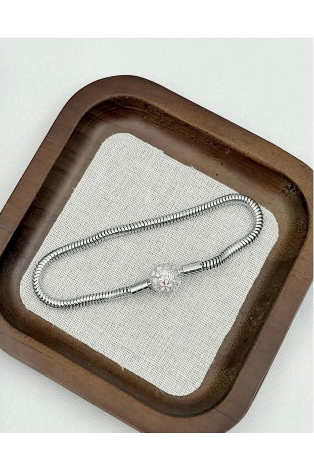 Women's Steel P*Ndora Model Snake Chain Flower Charm Bracelet – 316L Stainless Steel – Does Not Tarnish – Anti Allergic