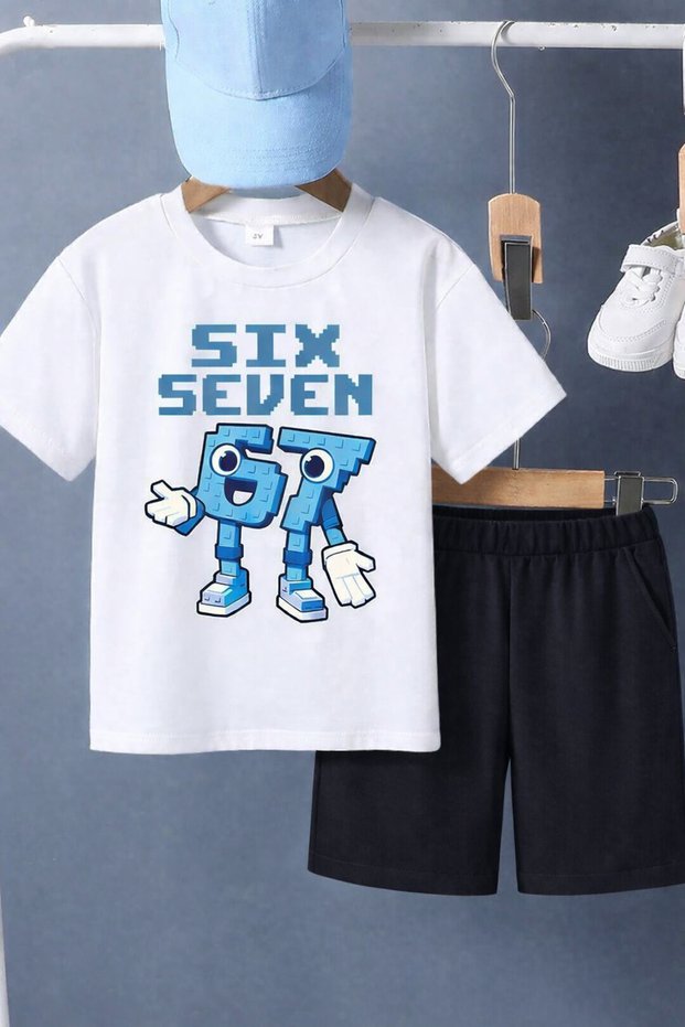 Six Seven 67 Printed Children's T-Shirt Shorts Bottom-Top Combination Set