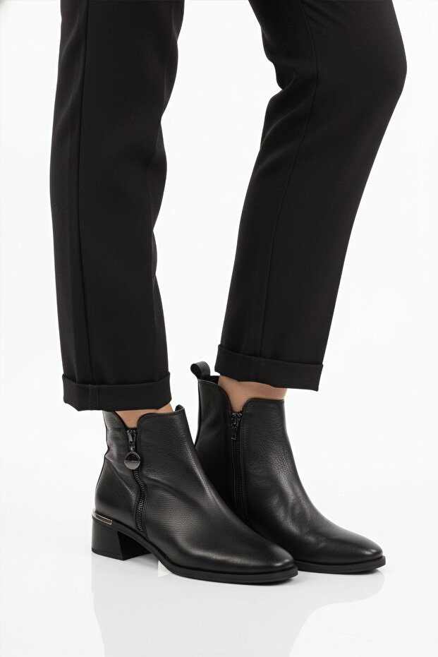 Black Genuine Leather Fleece Lined Zippered Women's Heeled Boots