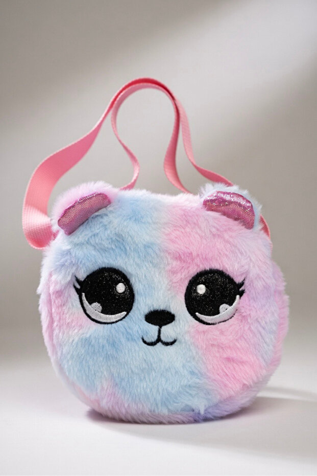 Girl's Purple Teddy Bear Figured Gift Plush Bag | Glittery Earpieces Adjustable Strap Pieces