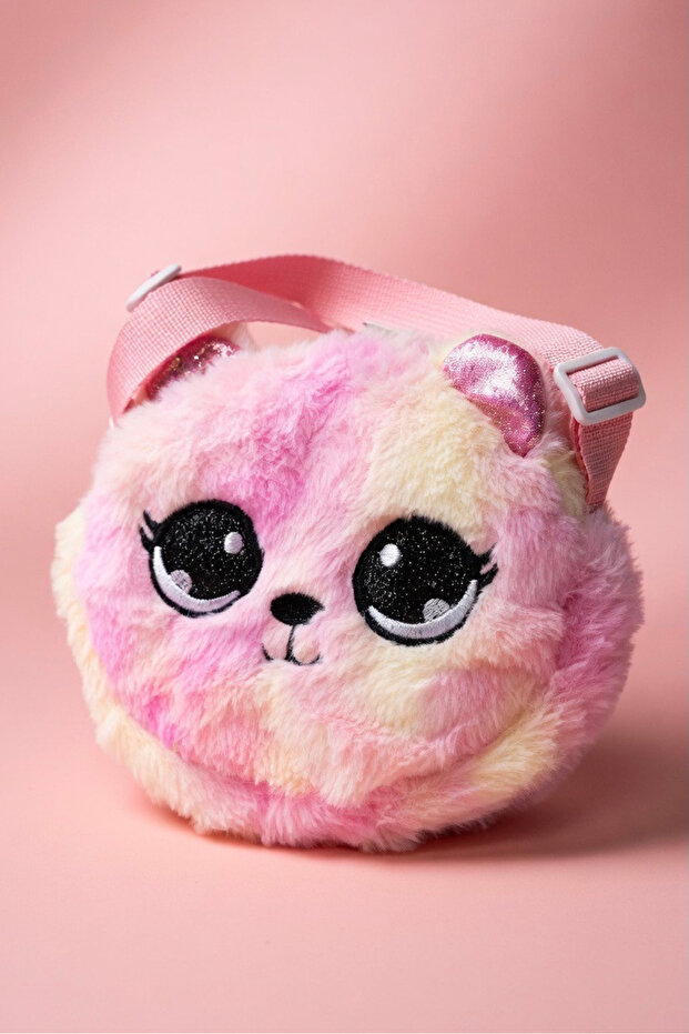 Gift for Girls Pink Teddy Bear Figurine Plush Bag | Glittery Earpieces Adjustable Strap Pieces