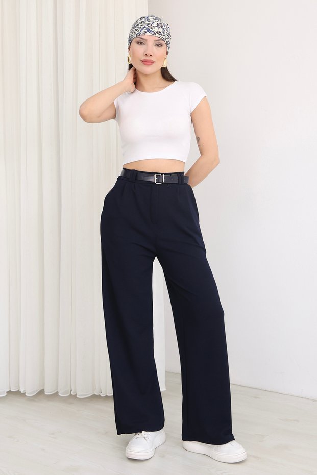 Women's Belt Detail High-Waisted Fabric Pants – Wide-Leg Stylish Casual Pants