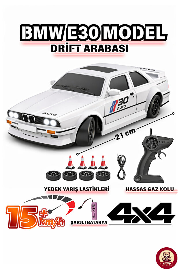 giffy Oyuncak BMW E30 Drift Araba 4x4 Uzaktan Kumandalı Araba 2.4GHz Şarjlı LED Işıklı 15 Km Hız Araba