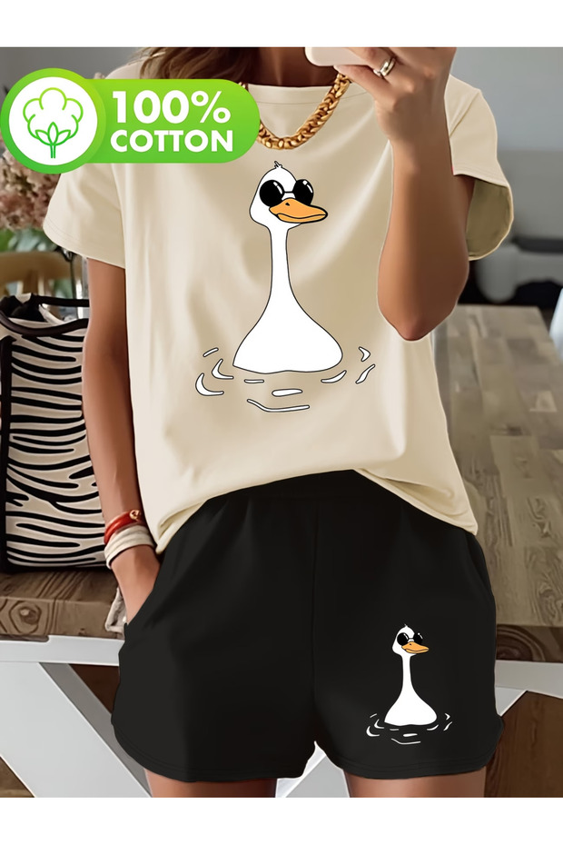 Duck shorts t-shirt - shorts bottom top tracksuit set Printed Oversized crew neck