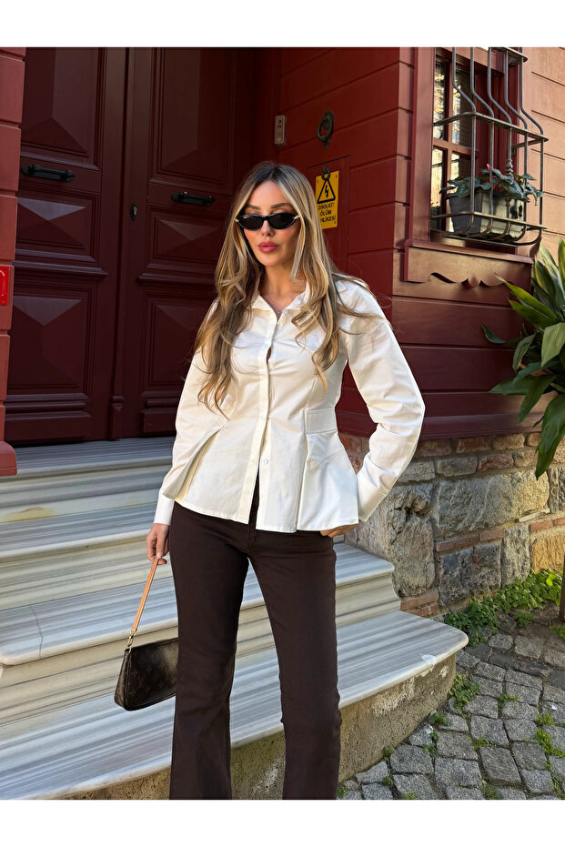 Ecru Waist-Fitted Poplin Shirt - 1616
