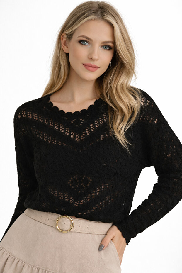 Black Embossed Patterned Women's Knitwear Sweater 100% Cotton