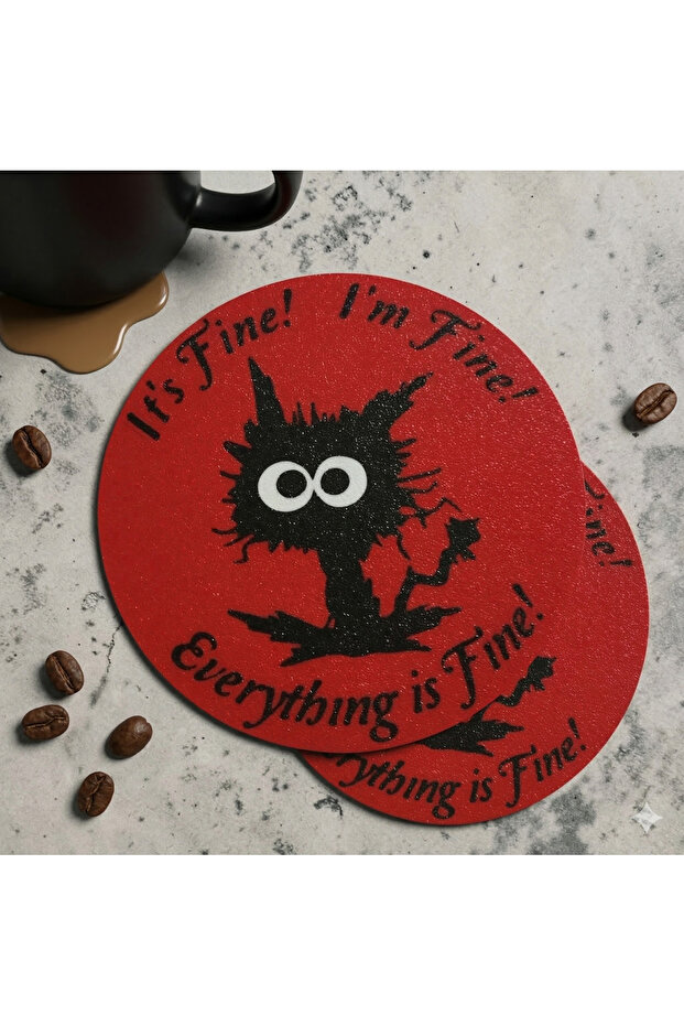 Set of 2: Funny Stressy Cat "Everything Is Fine" Coasters - Fun Office and Table Decor