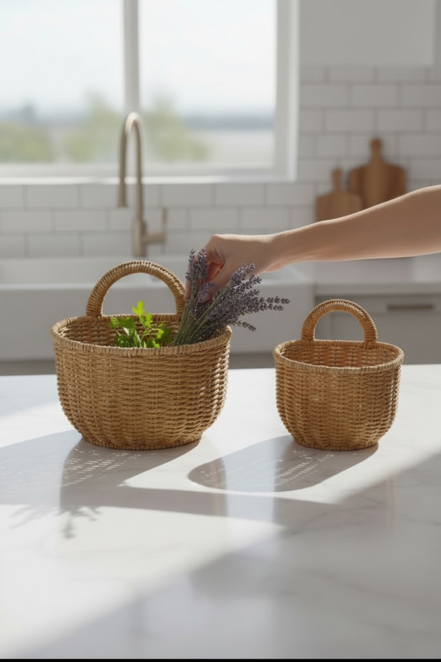 Natural Wicker Decorative Basket Set of 2 – Multi-Purpose Organizer Basket with Handles – Small & Large Sizes