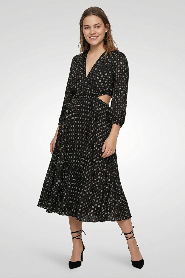 Women Allover Print Pleated A-Line Dress, Black