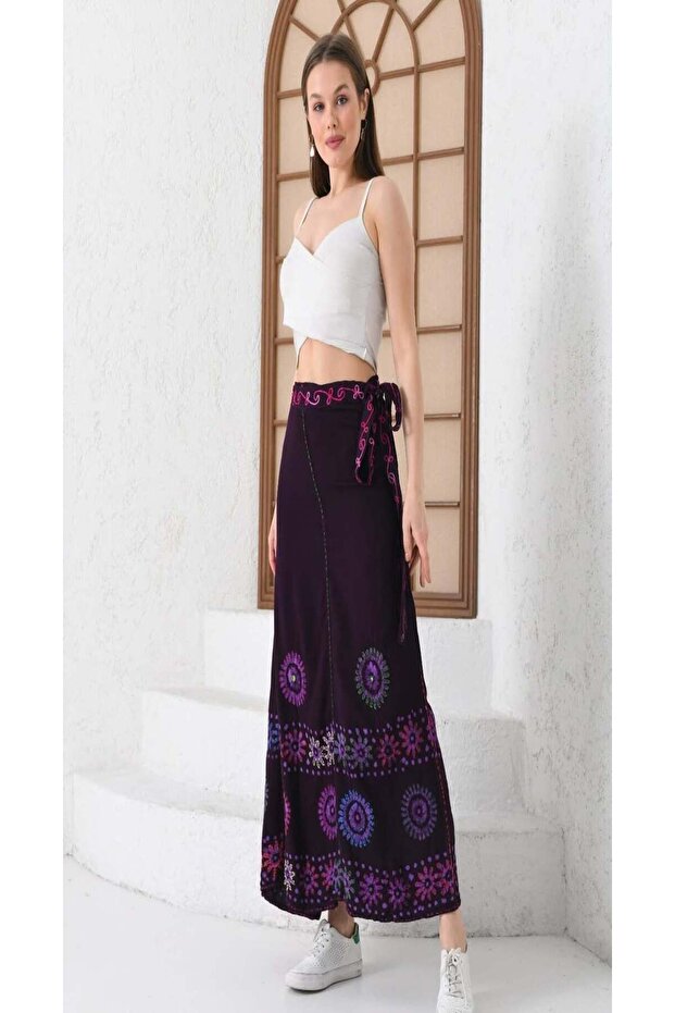 Bohemian and Authentic Patterned 95% Cotton Standard Size Imported Wrap Tie-Detail Skirt Fits Sizes 36-48