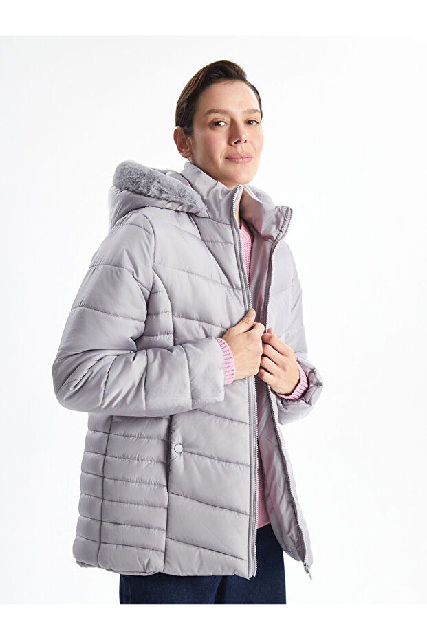 Gray Hooded Women's Puffer Jacket