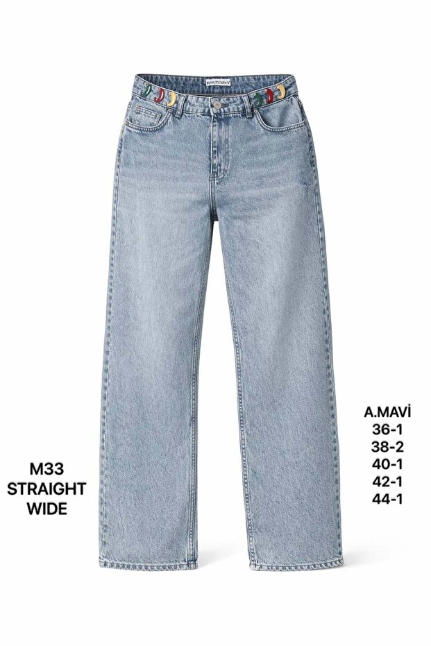 Women's Light Blue Straight Wide Leg Jean Trousers