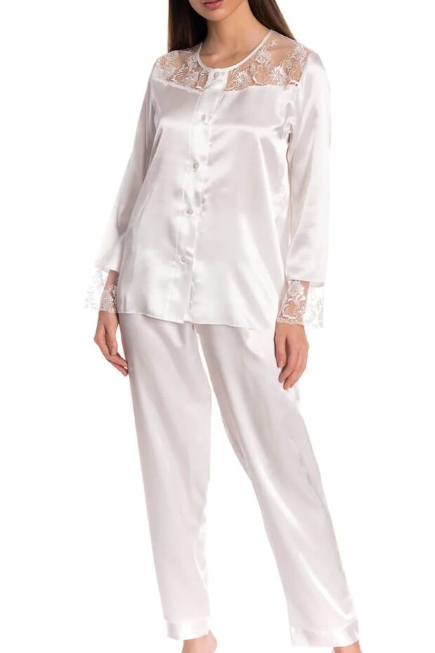 Women's Lace Detailed, Long Sleeve Satin Pajama Set