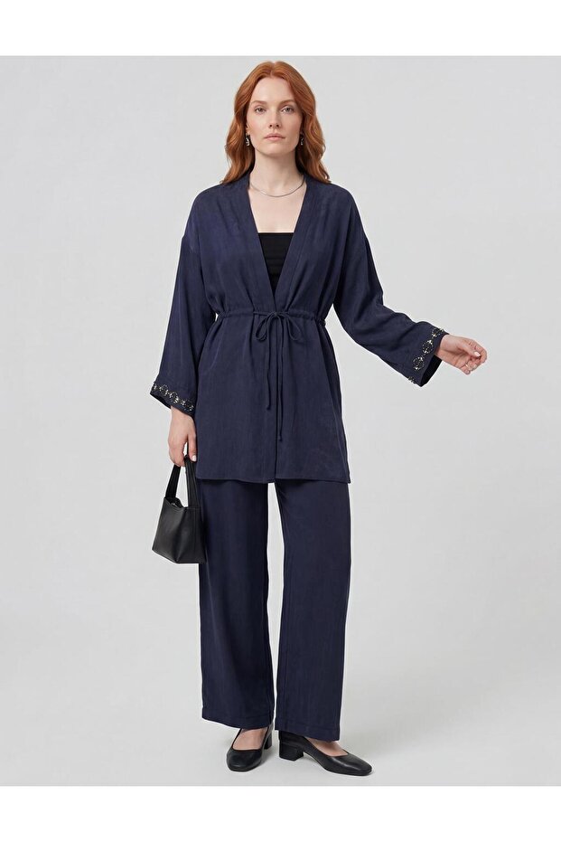 100% Lyocell Double Suit with Embroidery Detail in Dark Navy Blue