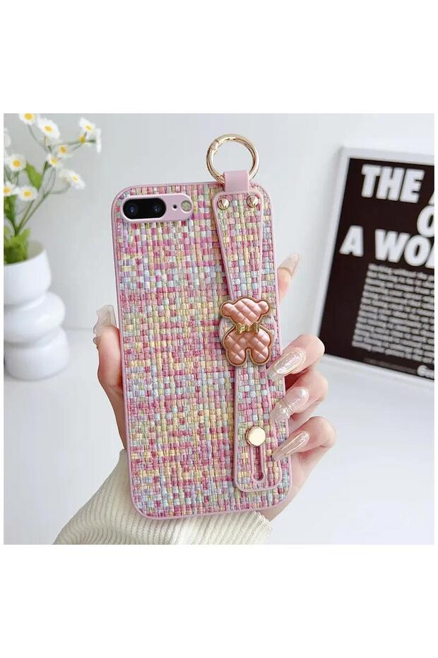 Apple iPhone 8 Plus Compatible Case Teddy Bear Detailed Tweed Silicone Case Pink