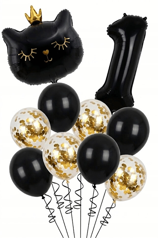 1 Year Old Black Cat Themed Birthday Balloon Set 11 Piece Party Decoration Set