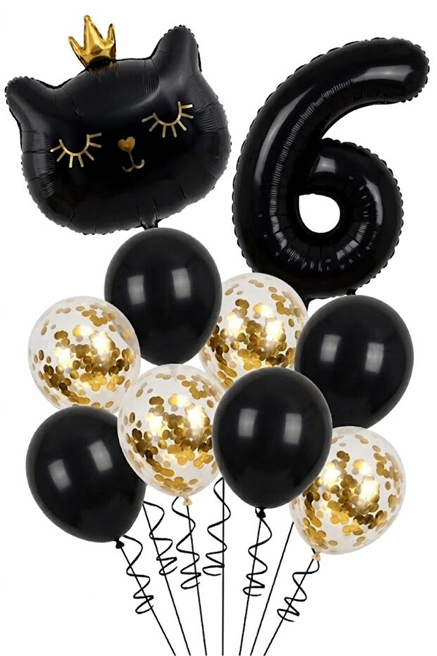 6 Year Old Black Cat Themed Birthday Balloon Set 11 Piece Party Decoration Set