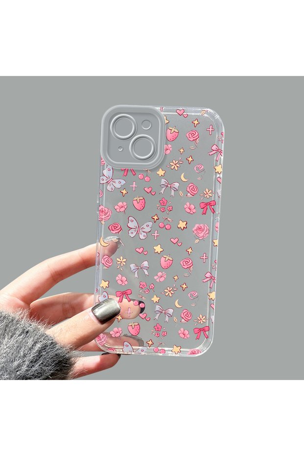 iPhone 14 Plus Compatible Camera Protected Anti-Shock Aesthetic Print Patterned Transparent Silicone Case