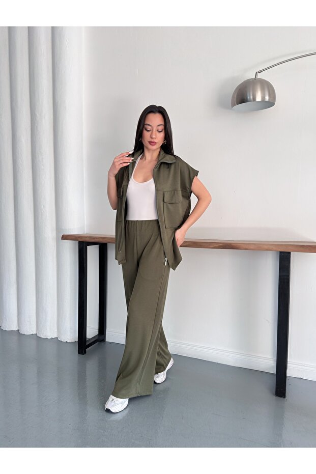Women's Tracksuit with Zipper Vest Set Wide Leg Pants Oversized Comfortable Two-Piece Set