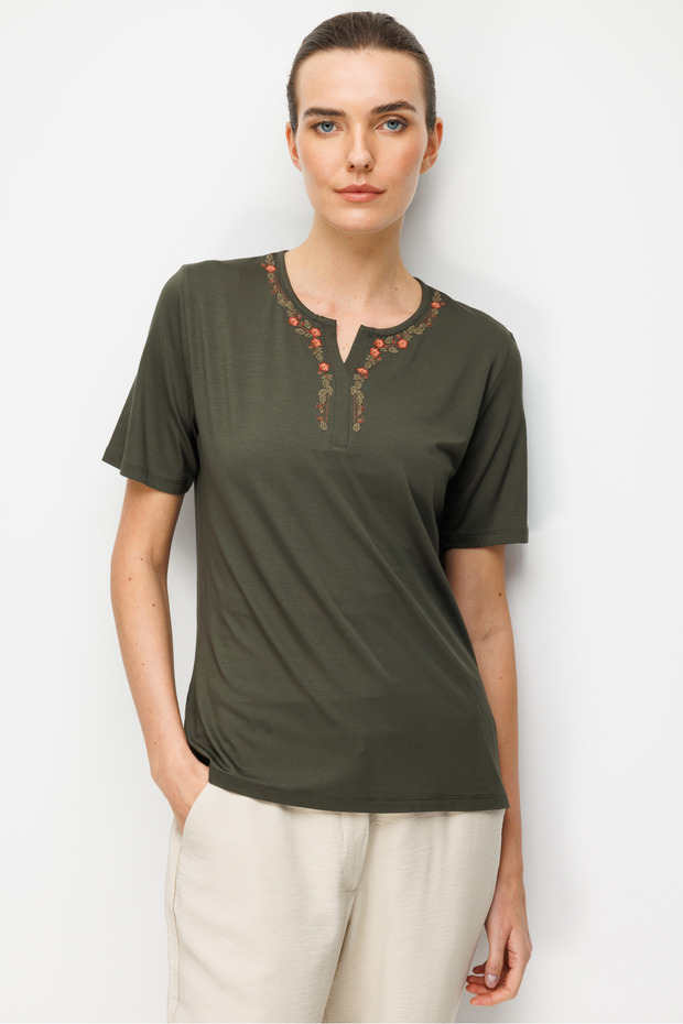 Women's Open Collar Floral Embroidered Combed Cotton T-Shirt Khaki