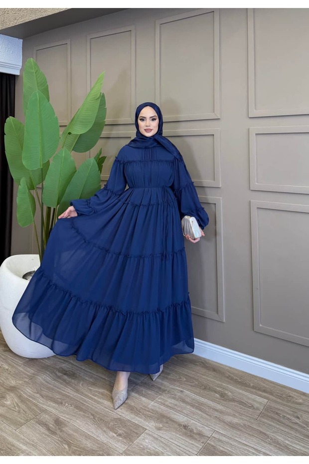 Ruffled Chiffon Dress Navy Blue
