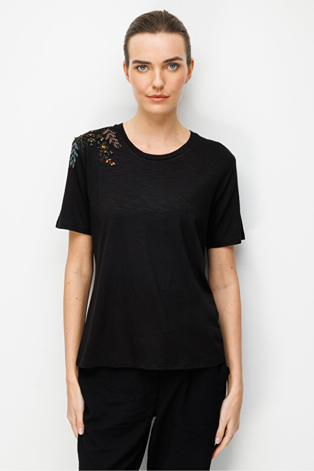 Women's Crew Neck One-Shoulder Embroidered Combed Cotton T-Shirt Black