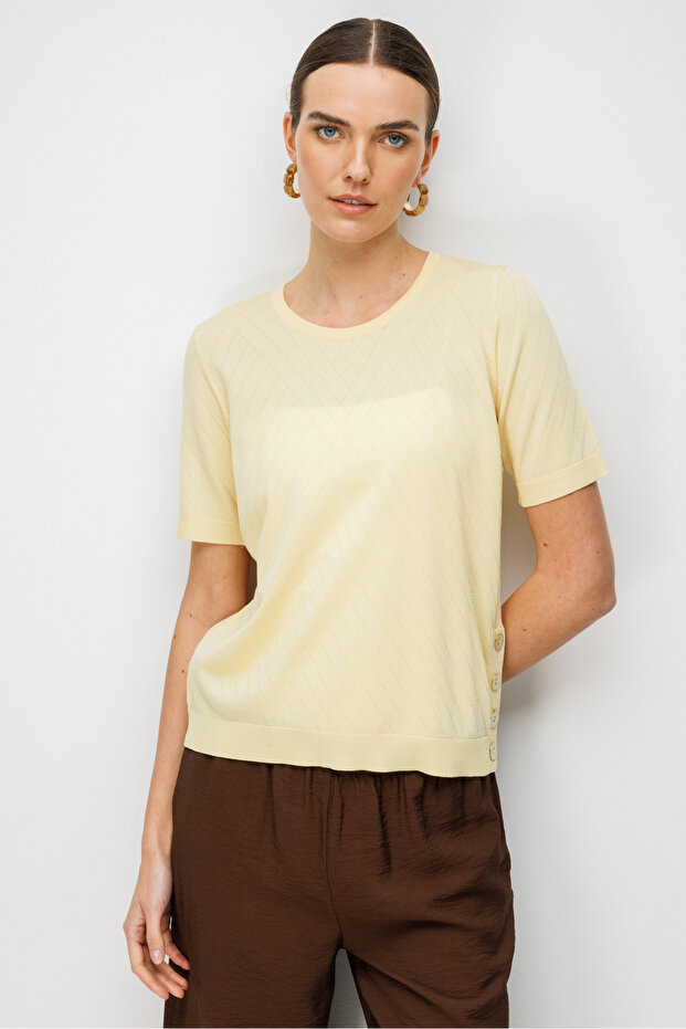 Women's Crew Neck Blouse Striped with Side Buttons Fine Knit Yellow