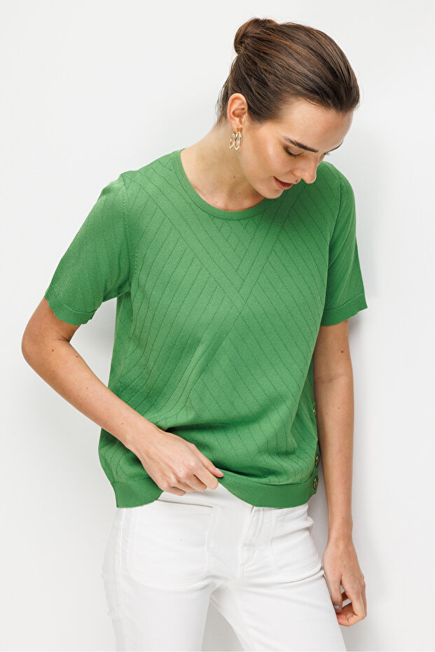 Women's Crew Neck Blouse Striped with Side Buttons Fine Knit Blouse Yosun