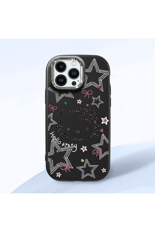 iPhone 13 Pro Max Compatible Hello Kitty Patterned Camera Protected Black Soft Silicone Phone Case