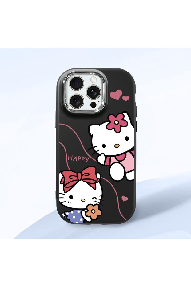 iPhone 15 Pro Max Compatible Camera Protected Black Soft Silicone Phone Case Hello Kitty Patterned