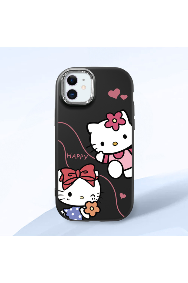 iPhone 11 Compatible Camera Protected Black Soft Silicone Phone Case Hello Kitty Patterned
