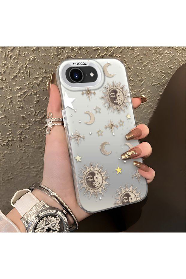 حافظة هاتف متوافقة مع iPhone 16E مصنوعة من مادة Gold Tone Star منقوش أكريليك