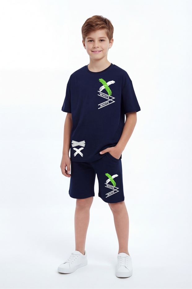 X White Print Detailed Round Neck Summer Boys' Top and Bottom Set