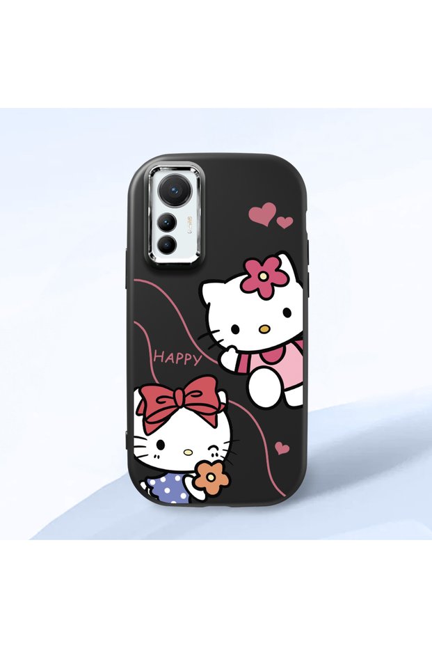 Mi 12 Lite Compatible Camera Protected Black Soft Silicone Phone Case Hello Kitty Patterned