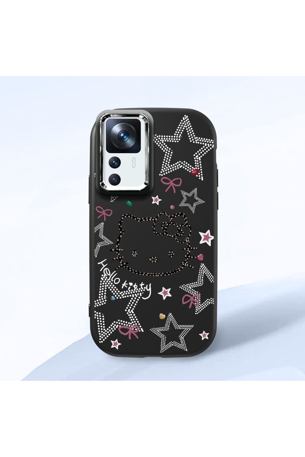 Mi 12t Compatible Hello Kitty Patterned Camera Protected Black Soft Silicone Phone Case