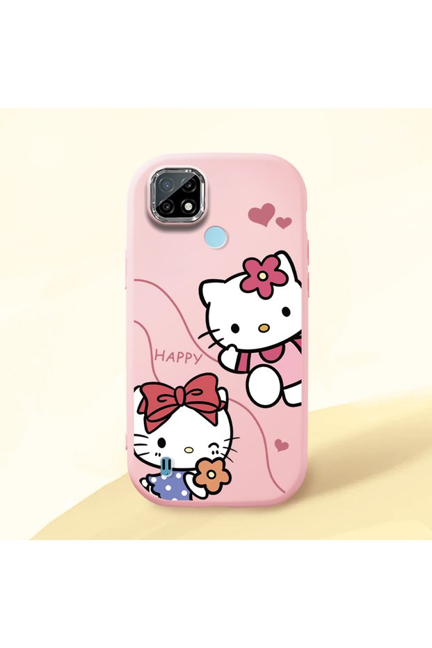 Realme C21 Compatible Camera Protected Pink Soft Silicone Phone Case Hello Kitty Patterned