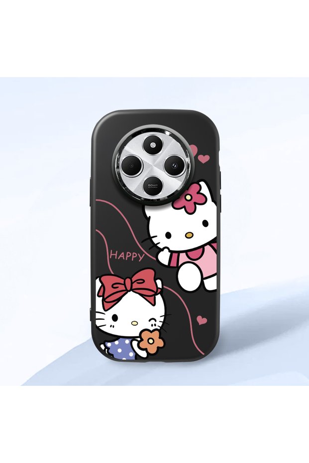 Redmi 14C Compatible Camera Protected Black Soft Silicone Phone Case Hello Kitty Patterned