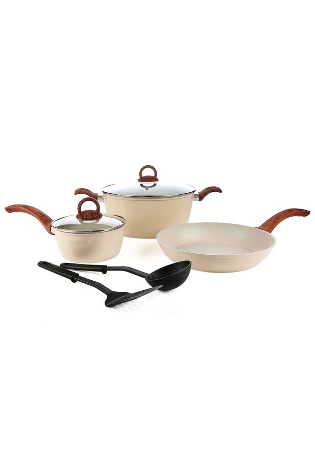 Forged Aluminium Marble Cookware Set, 7 pcs, Vanilla