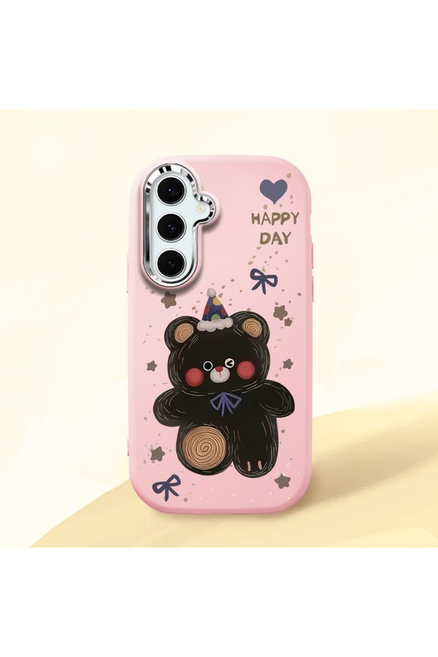 Samsung Galaxy S24 Fe Compatible Camera Protected Pink Soft Silicone Phone Case Bear Patterned