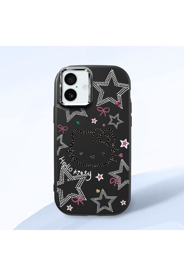iPhone 16 Plus Compatible Hello Kitty Patterned Camera Protected Black Soft Silicone Phone Case