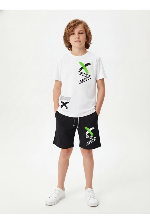 X White Print Detailed Round Neck Summer Boys' Top and Bottom Set