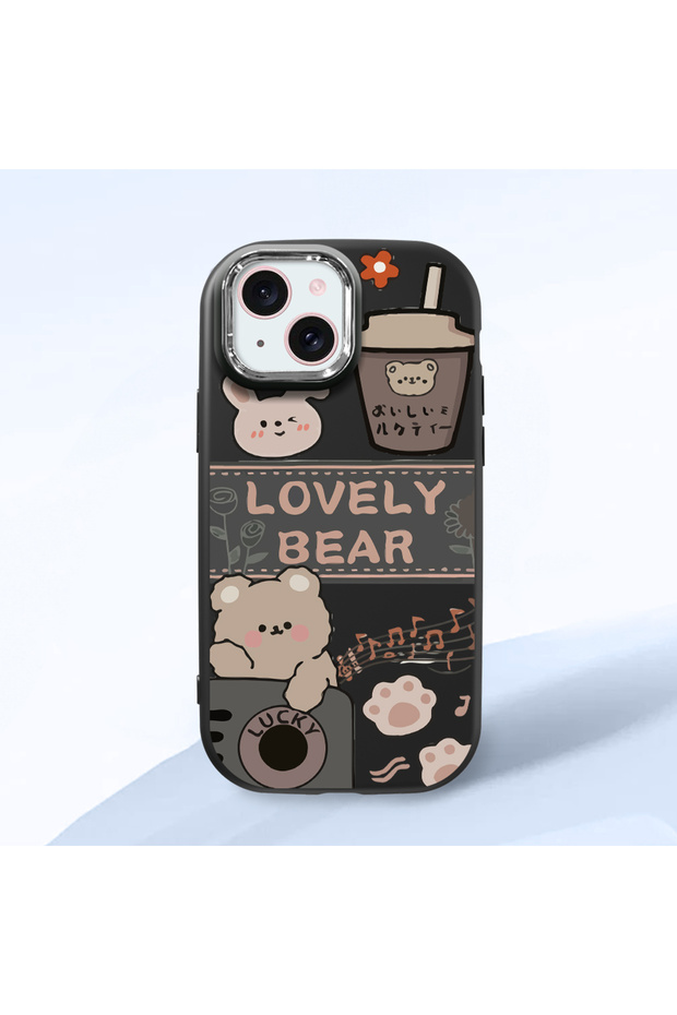 iPhone 15 Compatible Camera Protected Black Soft Silicone Phone Case Cute Bear Patterned