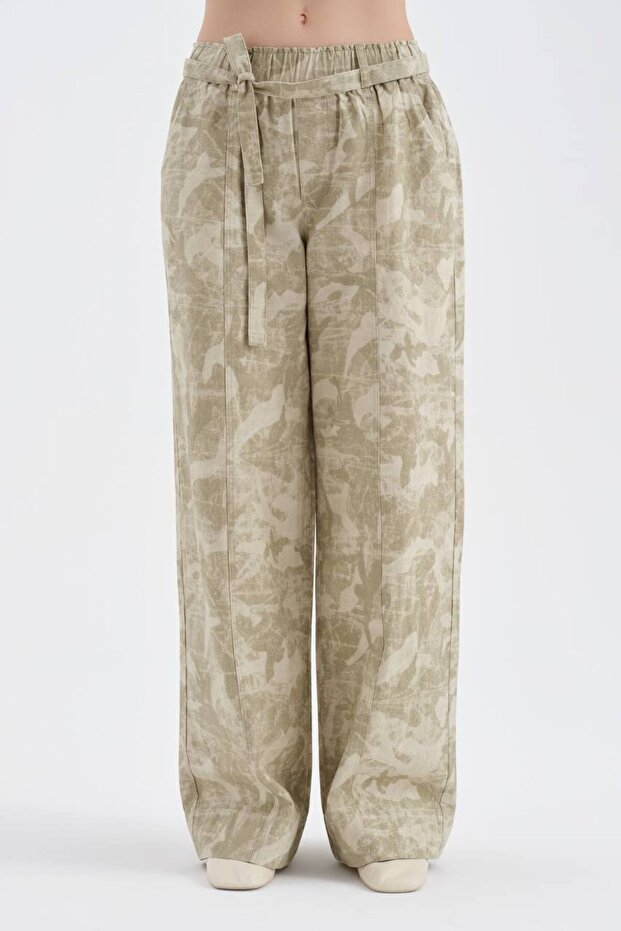 Women's Belt Detail Lined Design Wide-Leg Pants
