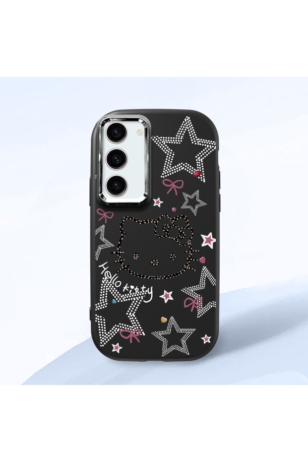 Samsung Galaxy S23 Compatible Hello Kitty Patterned Camera Protected Black Soft Silicone Phone Case