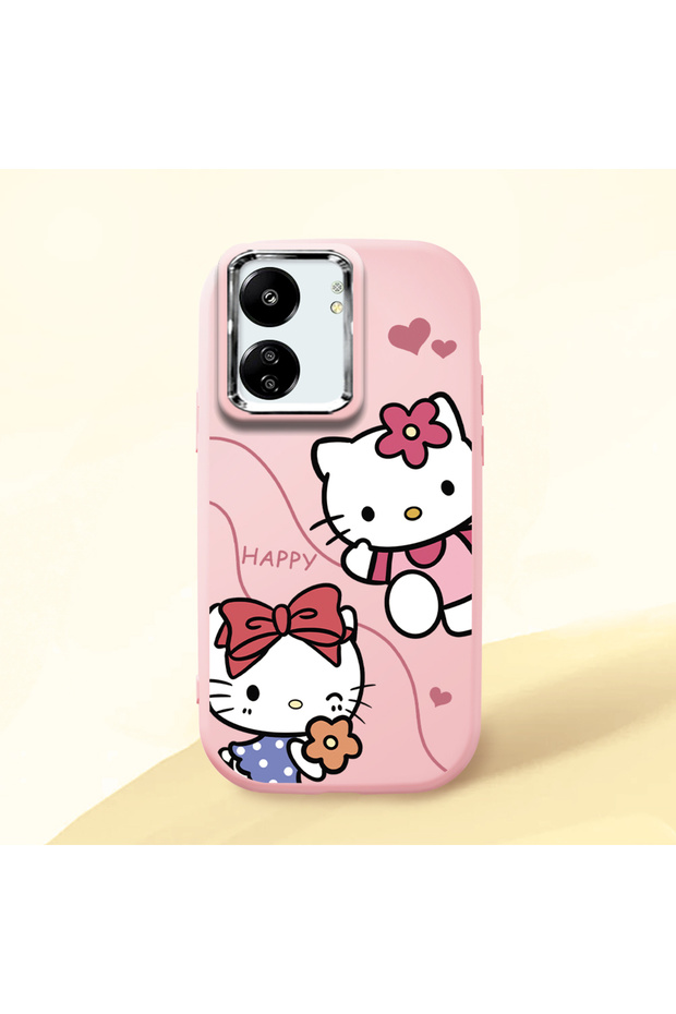 Poco C65 Compatible Camera Protected Pink Soft Silicone Phone Case Hello Kitty Patterned