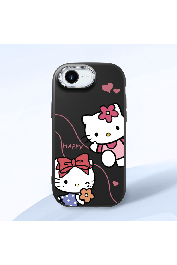 iPhone 17E Compatible Camera Protected Black Soft Silicone Phone Case with Hello Kitty Pattern