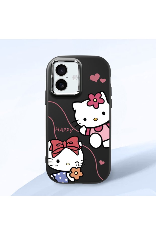 iPhone 16 Compatible Camera Protected Black Soft Silicone Phone Case Hello Kitty Patterned