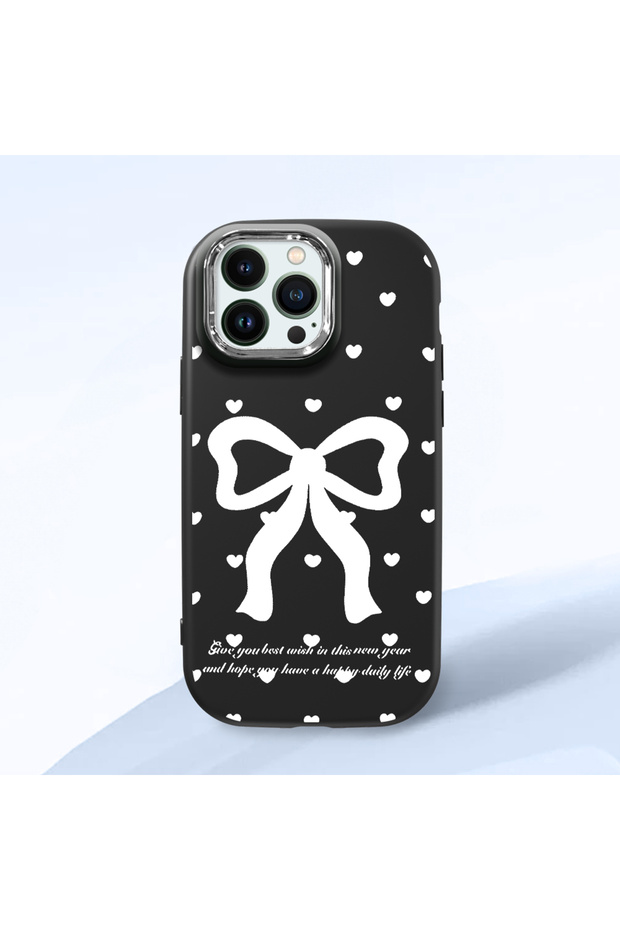 iPhone 12 Pro Compatible Camera Protected Black Soft Silicone Phone Case Bowknot Patterned