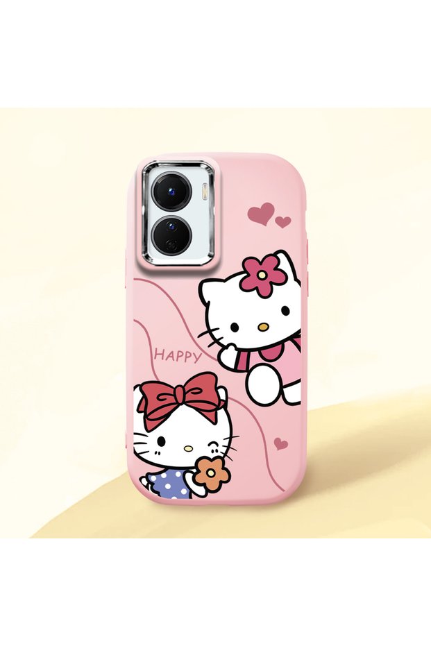 حافظة هاتف من السيليكون الناعم باللون الوردي متوافقة مع كاميرا Vivo Y16 Hello Kitty منقوش